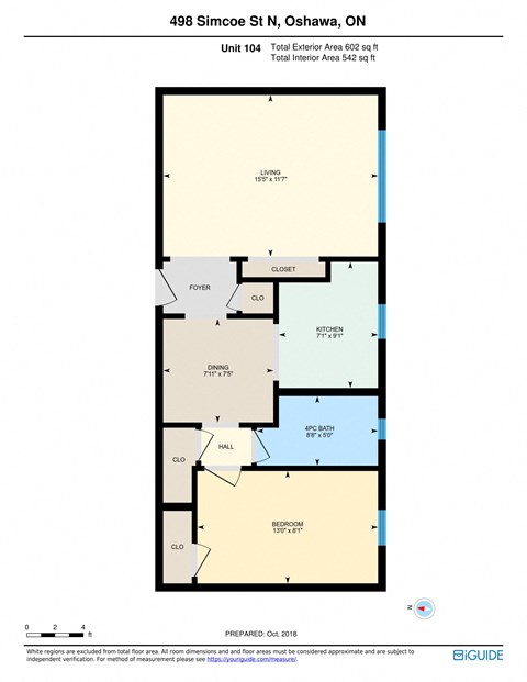 Floor plan for 1 bed, 1 bath, 542 sqft